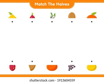 Match the halves. Match halves of Fruits. Educational children game, printable worksheet, vector illustration