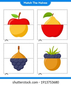 Match the halves. Match halves of Fruits. Educational children game, printable worksheet, vector illustration