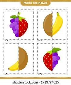 Match the halves. Match halves of Fruits. Educational children game, printable worksheet, vector illustration