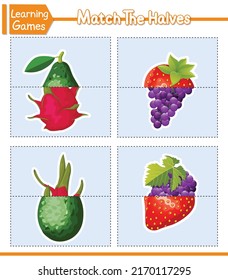 Match The Halves Of Fruits. Matching Game For Kids. Education Developing Worksheet. Vector Illustration. Cute Character Cartoon Style. Children Learning Game