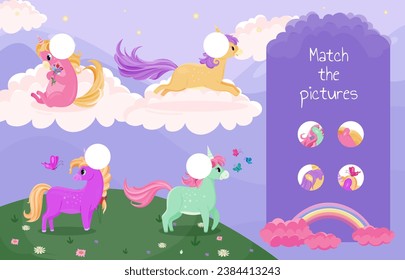 Match halves game. Intellectual puzzle and riddle for children. Educational material for kids. Logic games and entertainment with unicorns. Poster or banner. Cartoon flat vector illustration