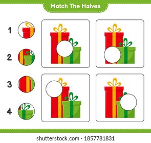 Match the halves. Match halves of Gift Boxes. Educational children game, printable worksheet, vector illustration