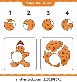 Match die Hälften! Match Hälften von Lebkuchen Mann und Kekse. Kinderspiel, druckbares Arbeitsblatt, Vektorgrafik