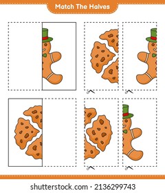 Coincide con las mitades. Coincide con las mitades del hombre de pan de jengibre y las galletas. Juego infantil educativo, hoja de cálculo imprimible, ilustración vectorial