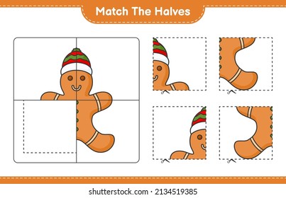Match the halves. Match halves of Gingerbread Man. Educational children game, printable worksheet, vector illustration