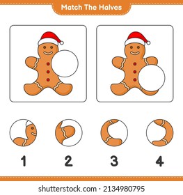 Match the halves. Match halves of Gingerbread Man. Educational children game, printable worksheet, vector illustration