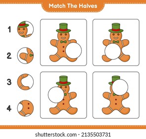 Match the halves. Match halves of Gingerbread Man. Educational children game, printable worksheet, vector illustration