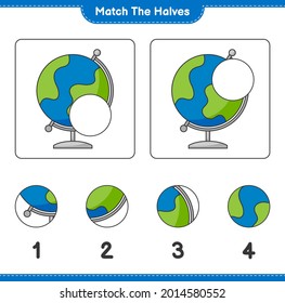Match the halves. Match halves of Globe. Educational children game, printable worksheet, vector illustration