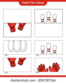 Match the halves. Match halves of Goalkeeper Gloves and Bowling Pin. Educational children game, printable worksheet, vector illustration