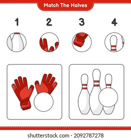 Match the halves. Match halves of Goalkeeper Gloves and Bowling Pin. Educational children game, printable worksheet, vector illustration