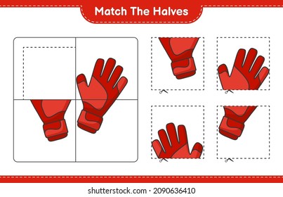 Coincide con las mitades. Coincide con mitades de guantes de portero. Juego infantil educativo, hoja de cálculo imprimible, ilustración vectorial