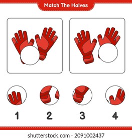 Coincide con las mitades. Coincide con mitades de guantes de portero. Juego infantil educativo, hoja de cálculo imprimible, ilustración vectorial