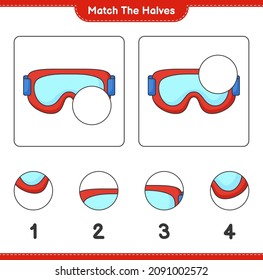 Match the halves. Match halves of Goggle. Educational children game, printable worksheet, vector illustration