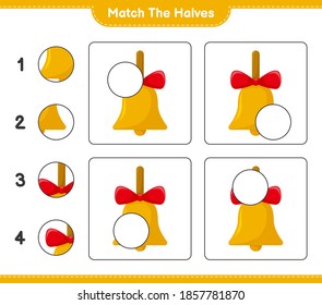Match the halves. Match halves of Golden Christmas Bells. Educational children game, printable worksheet, vector illustration