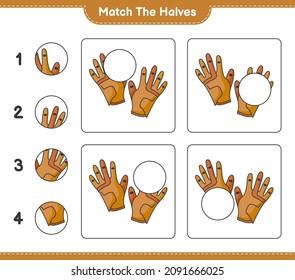 Coincide con las mitades. Coincide con mitades de guantes de golf. Juego infantil educativo, hoja de cálculo imprimible, ilustración vectorial