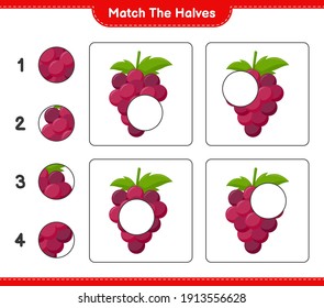 Match die Hälften! Mache halbe Trauben. Kinderspiel, druckbares Arbeitsblatt, Vektorgrafik