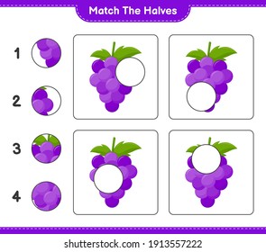 Coincide con las mitades. Coincide con las mitades de la uva. Juego infantil educativo, hoja de cálculo imprimible, ilustración vectorial
