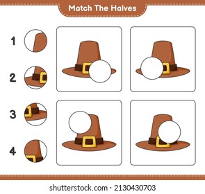 Coincide con las mitades. Coincide con mitades de Sombrero. Juego infantil educativo, hoja de cálculo imprimible, ilustración vectorial