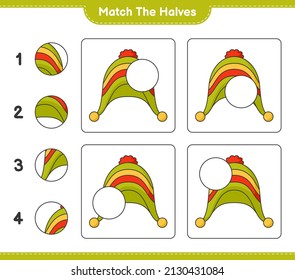 Coincide con las mitades. Coincide con mitades de Sombrero. Juego infantil educativo, hoja de cálculo imprimible, ilustración vectorial