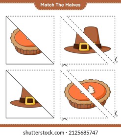 Match the halves. Match halves of Hat and Pie. Educational children game, printable worksheet, vector illustration