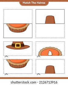 Match the halves. Match halves of Hat and Pie. Educational children game, printable worksheet, vector illustration