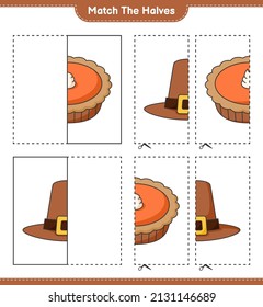 Coincide con las mitades. Coincide con mitades de Sombrero y Pie. Juego infantil educativo, hoja de cálculo imprimible, ilustración vectorial