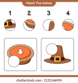Match the halves. Match halves of Hat and Pie. Educational children game, printable worksheet, vector illustration