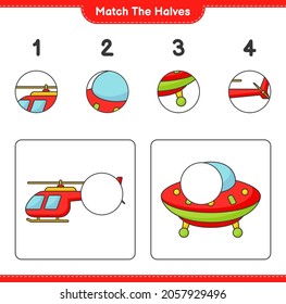 Match the halves. Match halves of Helicopter and Ufo. Educational children game, printable worksheet, vector illustration