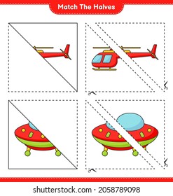 Match the halves. Match halves of Helicopter and Ufo. Educational children game, printable worksheet, vector illustration