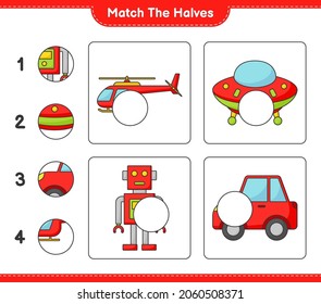 Match the halves. Match halves of Helicopter, Ufo, Robot Character, and Car. Educational children game, printable worksheet, vector illustration