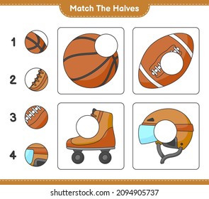 Match the halves. Match halves of Hockey Helmet, Roller Skate, Basketball, and Soccer Ball. Educational children game, printable worksheet, vector illustration