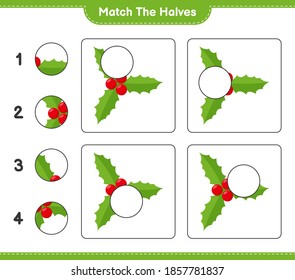 Match the halves. Match halves of Holly Berries. Educational children game, printable worksheet, vector illustration