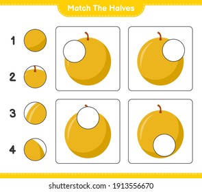 Match the halves. Match halves of Honey Melon. Educational children game, printable worksheet, vector illustration