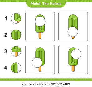 Coincide con las mitades. Coincide con las mitades del helado. Juego infantil educativo, hoja de cálculo imprimible, ilustración vectorial