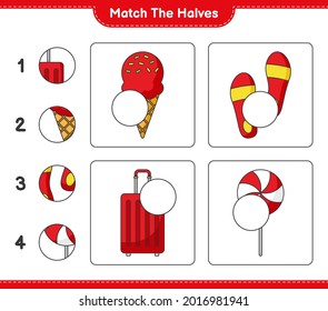 Match the halves. Match halves of Ice Cream, Flip Flop, Travel Bag, and Candy. Educational children game