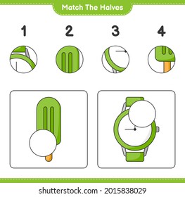 Match the halves. Match halves of Ice Cream and Watches. Educational children game, printable worksheet, vector illustration
