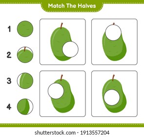 Match the halves. Match halves of Jackfruit. Educational children game, printable worksheet, vector illustration