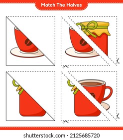 Match the halves. Match halves of Jam and Coffee Cup. Educational children game, printable worksheet, vector illustration