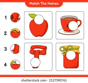 Match the halves. Match halves of Jam, Coffee Cup, Apple, and Scarf. Educational children game, printable worksheet, vector illustration
