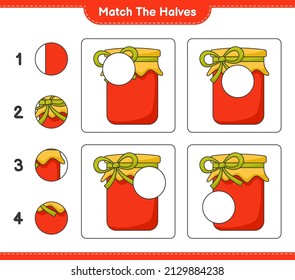 Coincide con las mitades. Coincide con las mitades de Jam. Juego infantil educativo, hoja de cálculo imprimible, ilustración vectorial