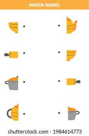 Match halves of kitchen tools. Logical game for kids.