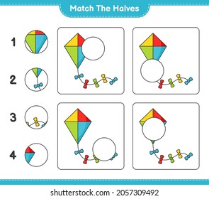 Match die Hälften! Match Hälften von Kite. Kinderspiel, druckbares Arbeitsblatt, Vektorgrafik