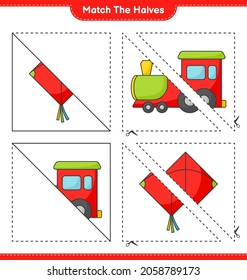 Match the halves. Match halves of Kite and Train. Educational children game, printable worksheet, vector illustration