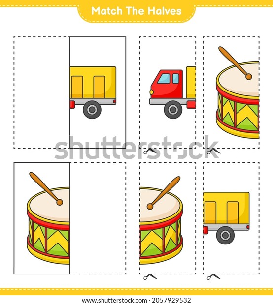 Match the\
halves. Match halves of Lorry and Drum. Educational children game,\
printable worksheet, vector\
illustration