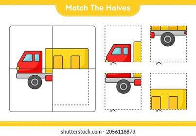 Coincide con las mitades. Coincide con las mitades del Camión. Juego infantil educativo, hoja de cálculo imprimible, ilustración vectorial
