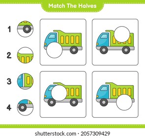 Match die Hälften! Match Hälften von Lkw. Kinderspiel, druckbares Arbeitsblatt, Vektorgrafik