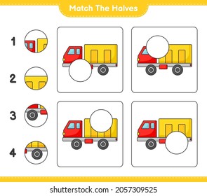 Coincide con las mitades. Coincide con las mitades del Camión. Juego infantil educativo, hoja de cálculo imprimible, ilustración vectorial
