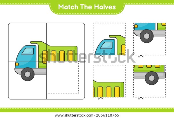 Match the\
halves. Match halves of Lorry. Educational children game, printable\
worksheet, vector\
illustration