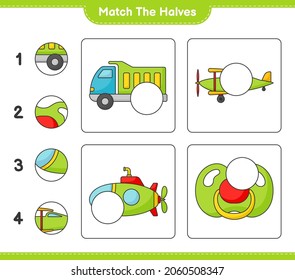Coincide con las mitades. Coincide con mitades de Camión, Avión, Submarino y Pacificador. Juego infantil educativo, hoja de cálculo imprimible, ilustración vectorial