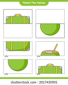 Match the halves. Match halves of Luggage and Coconut. Educational children game, printable worksheet, vector illustration